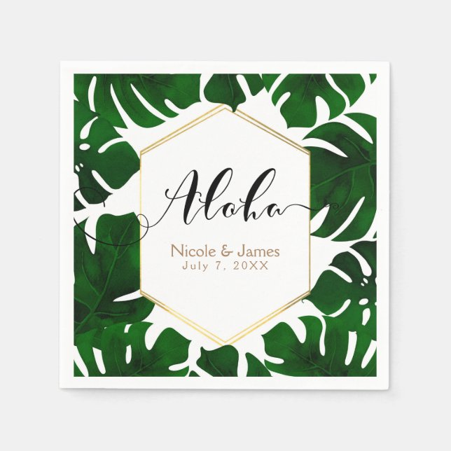 Dark Green Tropical Leaves White & Gold Wedding Napkin (Front)