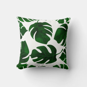 Dark Green Tropical Leaves White Summer Chic Cushion