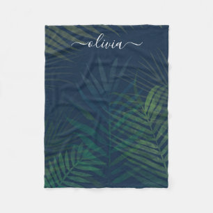 Dark Green Tropical Palm Leaves Fleece Blanket 