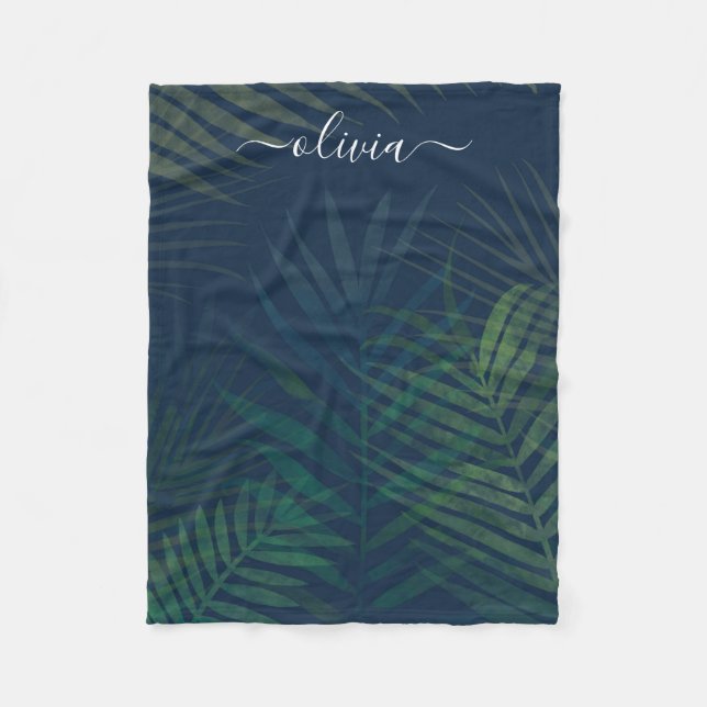 Dark Green Tropical Palm Leaves Fleece Blanket  (Front)