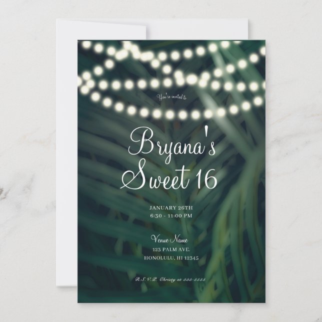 Dark Green Tropical Palm Leaves & Lights Sweet 16  Invitation (Front)