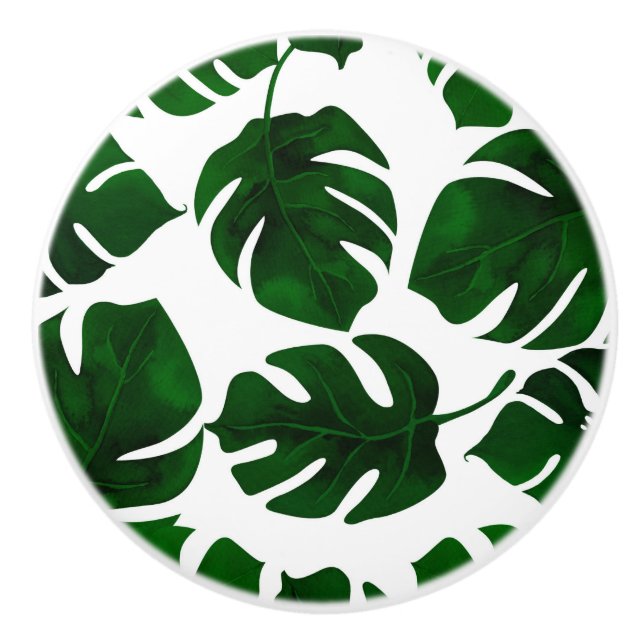 Dark Green Tropical Palm Leaves Summer Island Chic Ceramic Knob (Front)