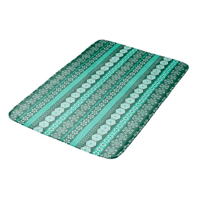 Dark Green Turquoise Patterned Stripe Bath Mat (Angled)