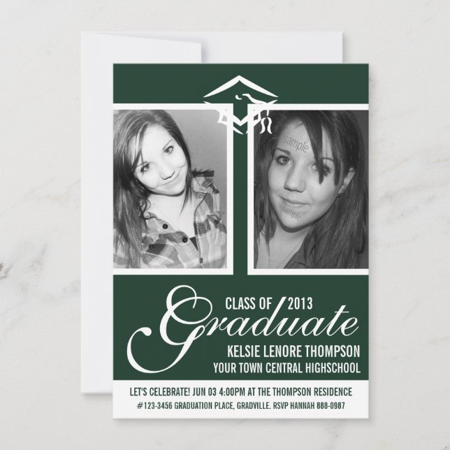 Dark Green Two Photo Graduate Cap and Script Invitation (Front)