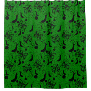 Dark Green Vintage Butterfly Bird Shower Curtain