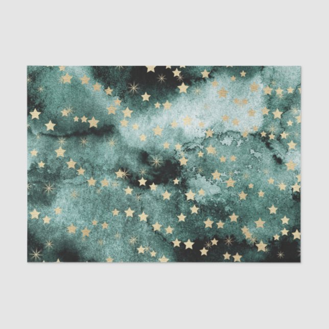Dark Green Water Colour with Gold Stars Tissue Paper (Front)