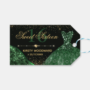 Dark Green Watercolor Dress & Glam Wave Sweet 16 Gift Tags