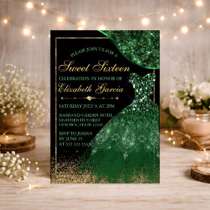 Dark Green Watercolor Dress & wave border Sweet 16 Invitation