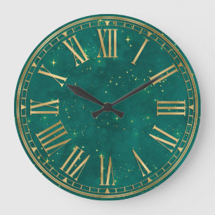 Dark Green Watercolor & Gold Sparkles Wizardry Large Clock