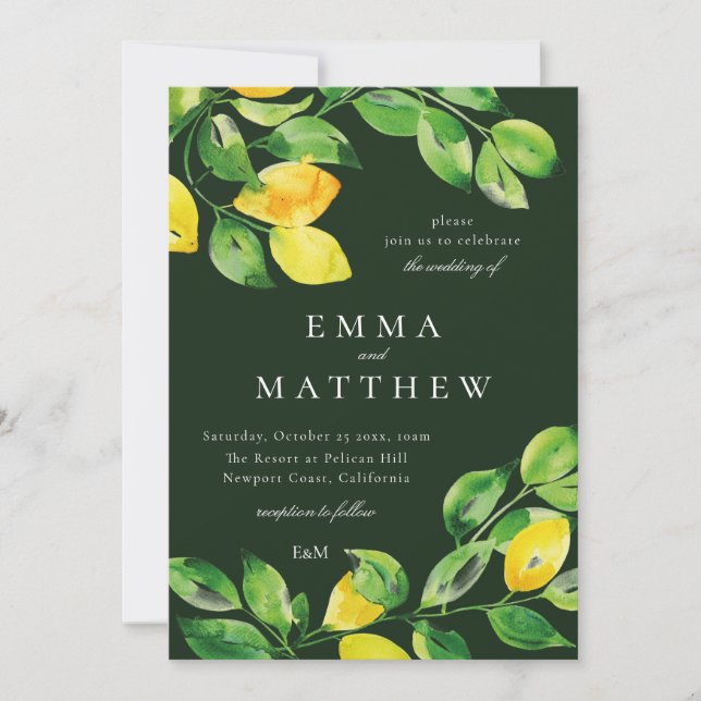 Dark Green Watercolor lemon mediterranean  Invitation (Front)