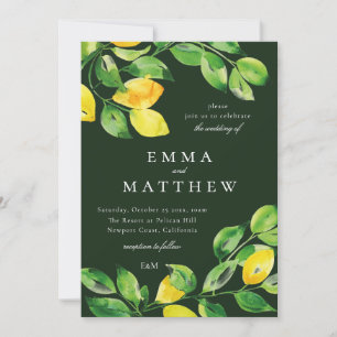 Dark Green Watercolor lemon mediterranean  Invitation