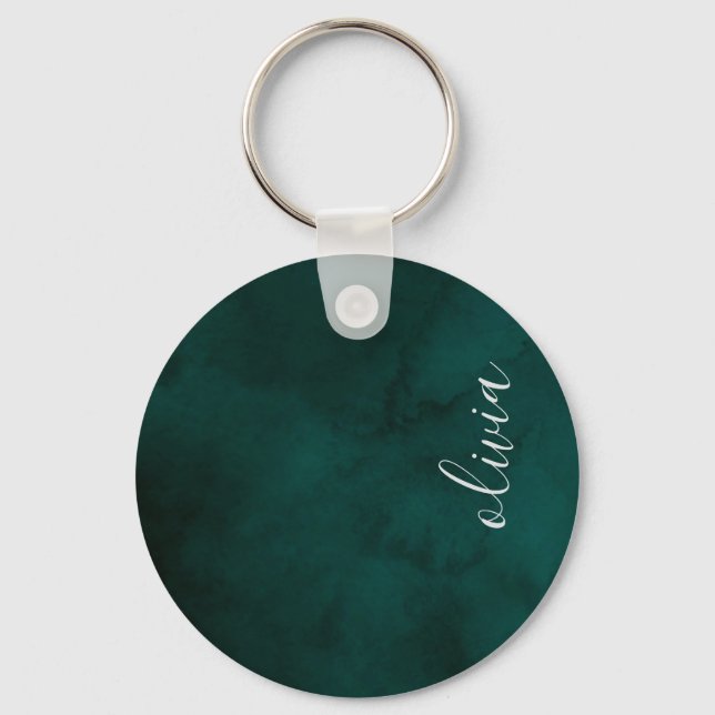 Dark Green Watercolor Monogram Keychain  (Front)