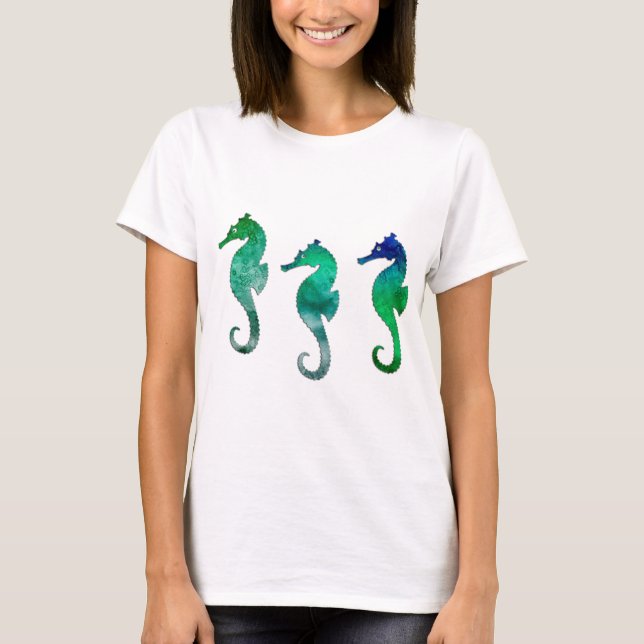 Dark Green  Watercolor Seahorses T-Shirt (Front)