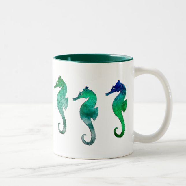 Dark Green  Watercolor Seahorses Two-Tone Coffee Mug (Right)