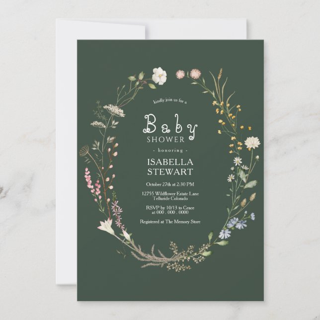Dark Green Watercolor Wildflower Baby Shower Invitation (Front)