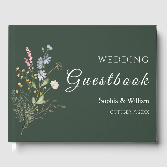 Dark Green Watercolor Wildflower Theme Wedding Guest Book (Front)