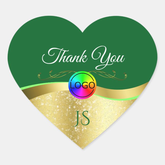 Dark Green Wavy Gold with Logo Monogram Thank You Heart Sticker (Front)