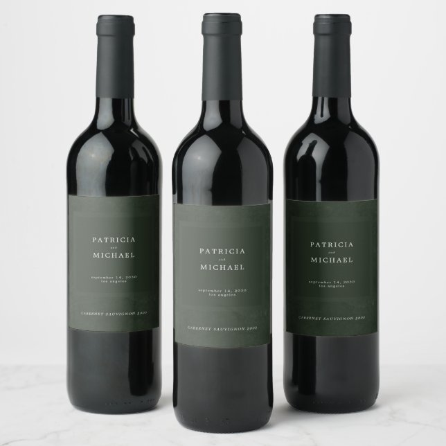 Dark green wedding simple elegant personalised wine label (Bottles)
