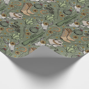 Dark Green Western Laughing Cowboy Skull & Cactus Wrapping Paper