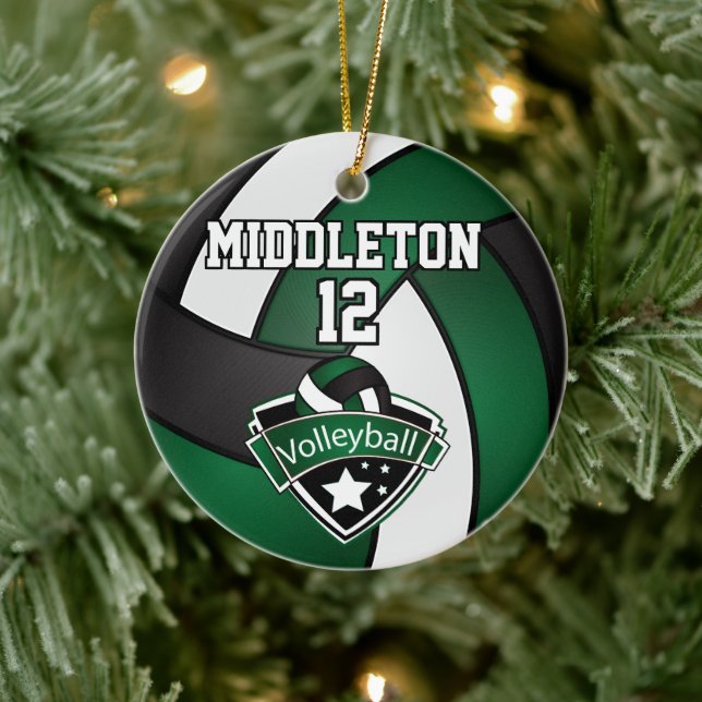 Dark Green, White and Black Volleyball 🏐 Ceramic Ornament (Tree)