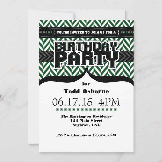 Dark Green White Black Herringbone Birthday Invite (Front)