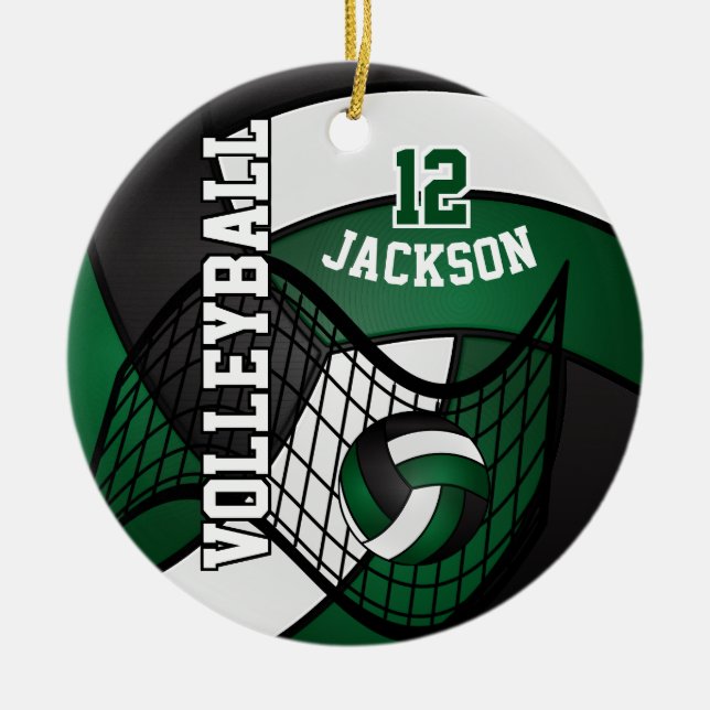 Dark Green, White & Black Volleyball 🏐 Ceramic Ornament (Front)