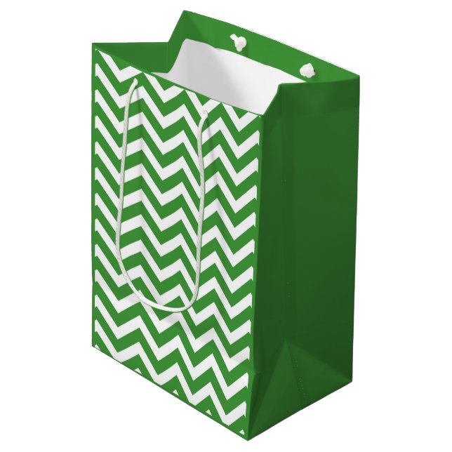 Dark Green & White Chevron Wedding Birthday Medium Gift Bag (Front Angled)