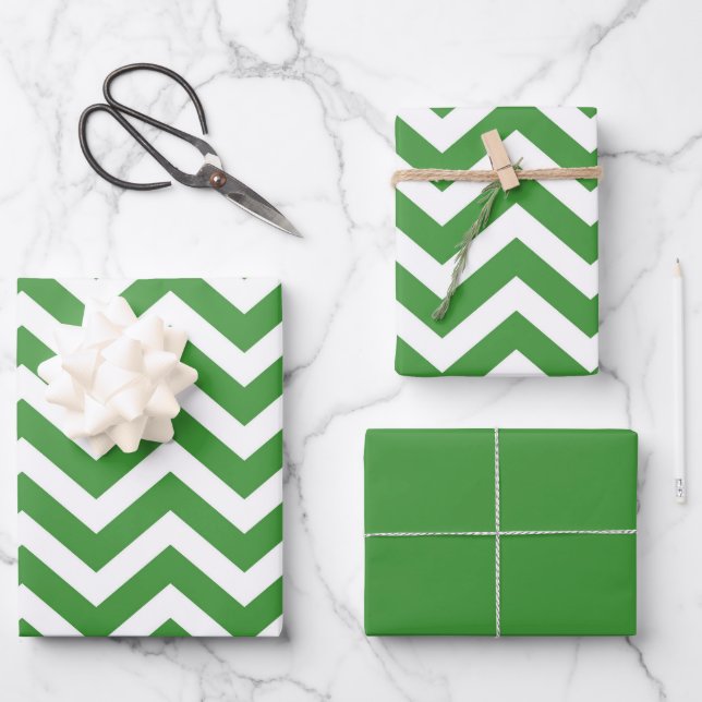 Dark Green & White Chevron Wedding Birthday Wrapping Paper Sheet (Front)