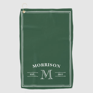 Dark Green White Elegant Monogram Golf Towel