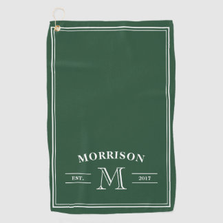 Dark Green White Elegant Monogram Golf Towel