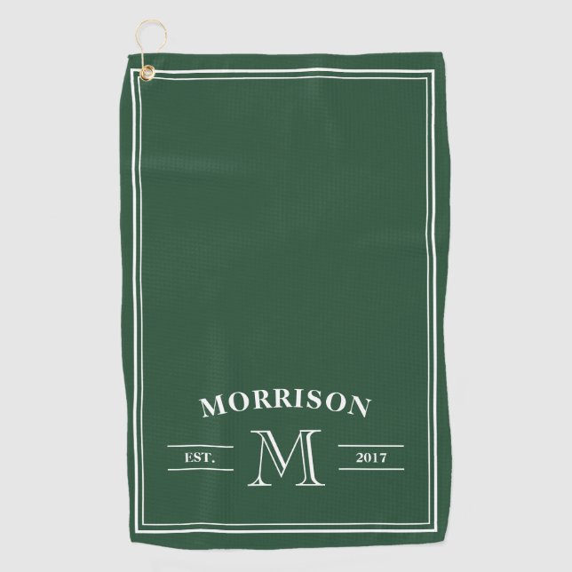 Dark Green White Elegant Monogram Golf Towel (Front)