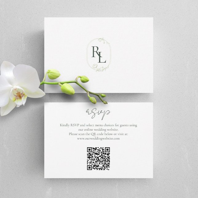 Dark Green & White Floral Monogram QR Wedding RSVP Card (Creator Uploaded)