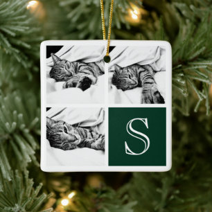 Dark Green, White Instagram Photo Collage Monogram Ceramic Ornament