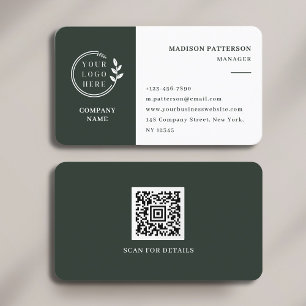 Dark Green White Logo QR Code Minimalist Modern Business Card