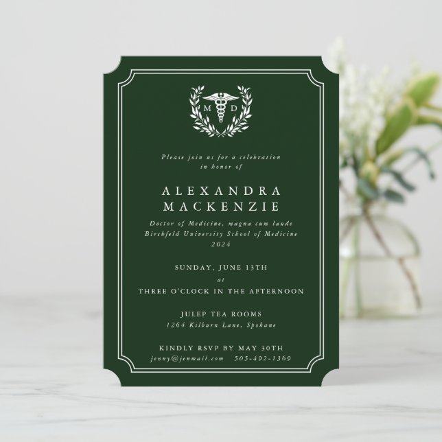 Dark Green/White MD Doctor Caduceus Graduation Invitation (Standing Front)