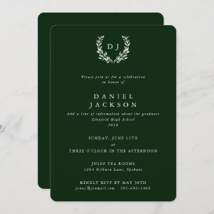 Dark Green/White Monogram Laurel Wreath Graduation Invitation