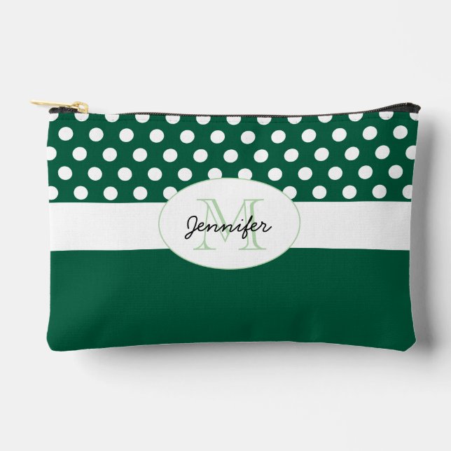 Dark green White polka dots retro pattern Monogram Accessory Pouch (Front)