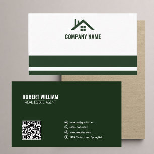 Dark Green White QR Code Real Estate Realtor Business Card