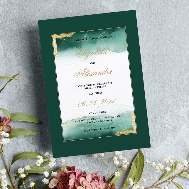 Dark green white watercolor gold glitter wedding  invitation (Dark green white watercolor gold glitter wedding )