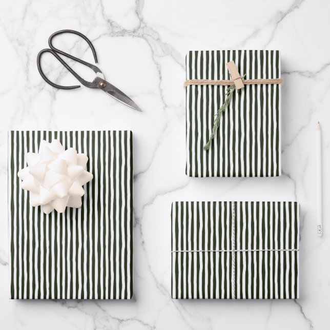 Dark Green & White Wonky Stripes Wrapping Paper Sheet (Front)