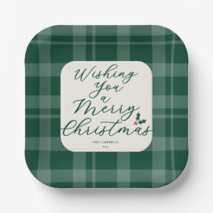Dark Green Wishing You A Merry Christmas Plaid Paper Plate
