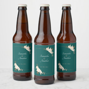 Dark Green with Cream Roses Wedding Beer Bottle Label