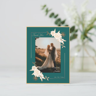 Dark Green with Cream Roses Wedding Thank You Postcard