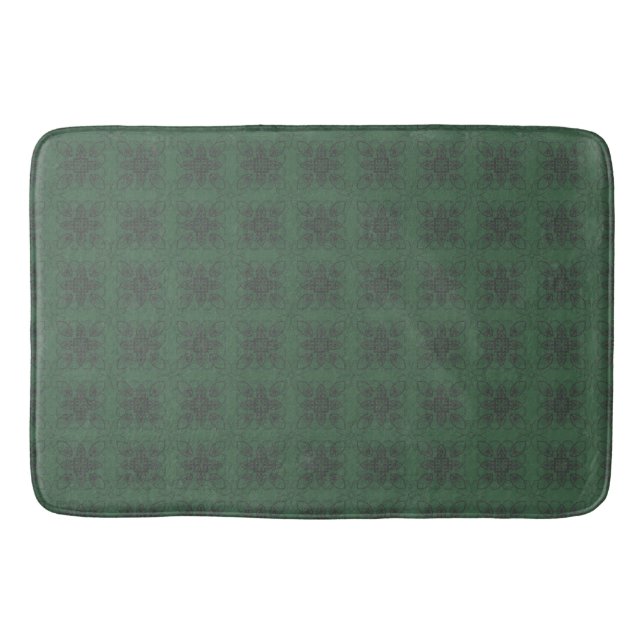 Dark Green with Geometric Floral Style Pattern Bath Mat (Front)