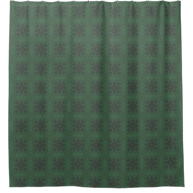 Dark Green with Geometric Floral Style Pattern Shower Curtain (Front)