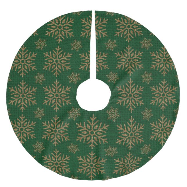 DARK GREEN WITH GOLD SNOWFLAKES BRUSHED POLYESTER TREE SKIRT (Front)