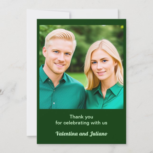 Dark Green With Photo Wedding Thank You Card (Front)