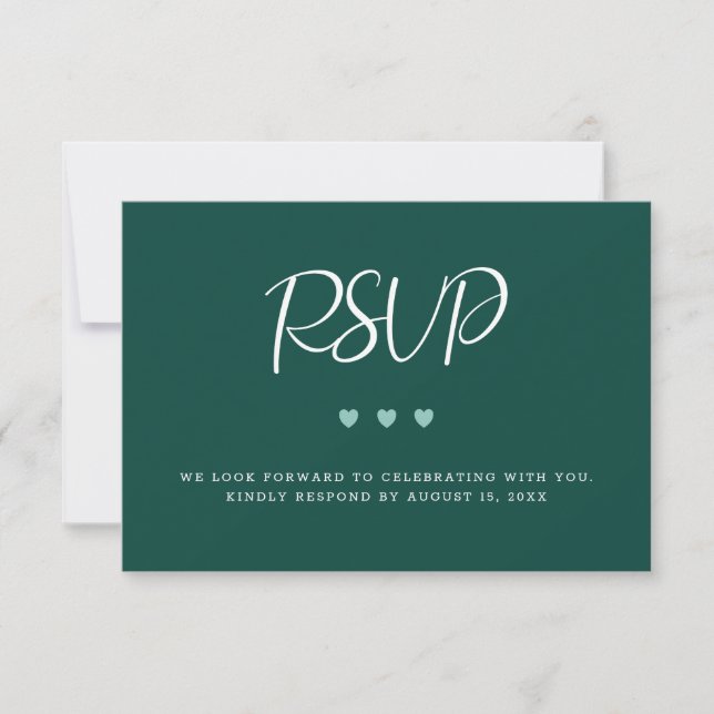 Dark Green With Three Hearts Wedding RSVP Card (Front)
