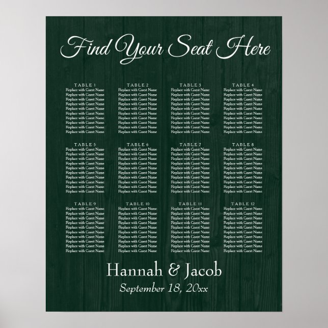 Dark Green Wooden Wedding Reception Seating Chart (Front)