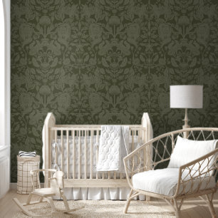 Dark Green Woodland Block Print Damask Wallpaper